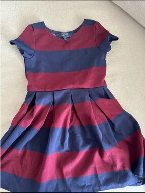 Polo by Ralph Lauren Navy & Burgundy Striped Pleated Kids Dress 4T